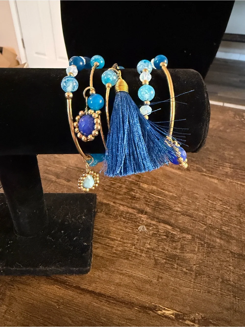 Gold-Tone Blue Beaded Tassel Bracelet Set - Women Jewelry